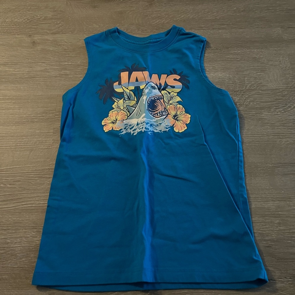 Blue Sleeveless Kids Shirt with jaws Print